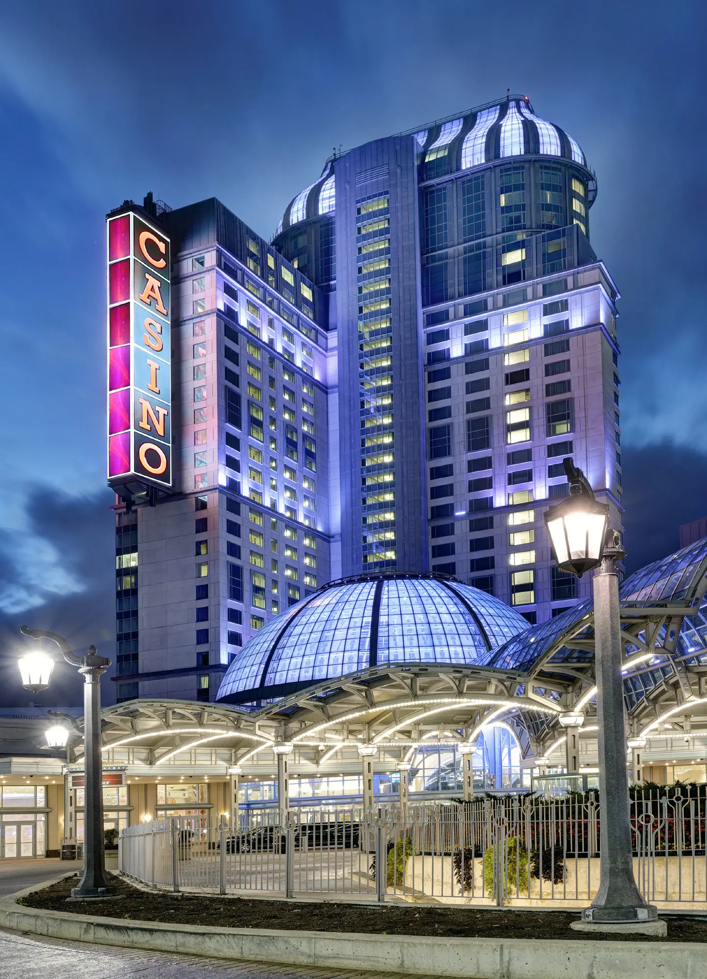 The illuminated resort entrance